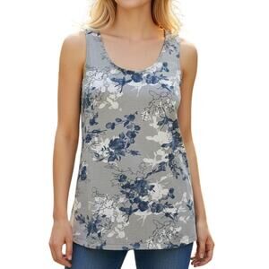 June + Vie Floral Tank Womens Medium Gray Blue Cotton Casual Swing Top